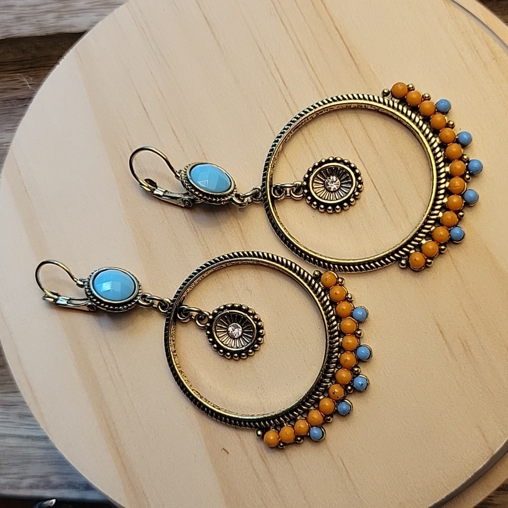 Bohemian Bead Drop Hoop Earrings, turquoise and tangerine - Picture 5 of 7